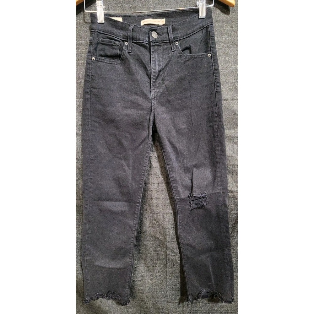 LEVI'S 724 High Rise Slim‎ Straight Crop Jeans Women's Sz 26 Black Raw Hem 80s